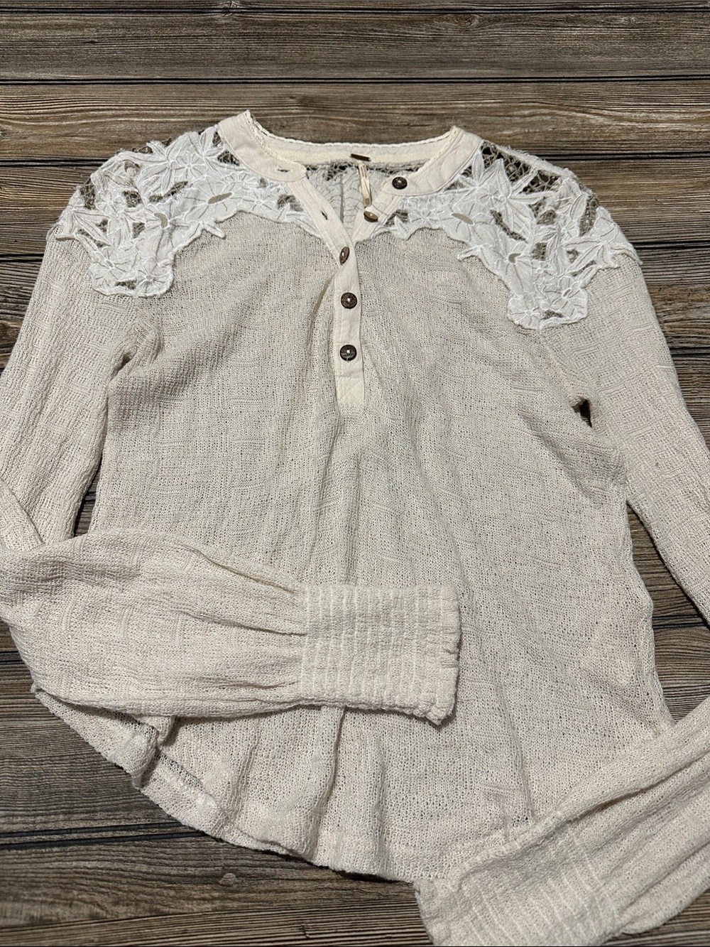 Women’s Lace-Yoke Henley Top in Cream free people size xs